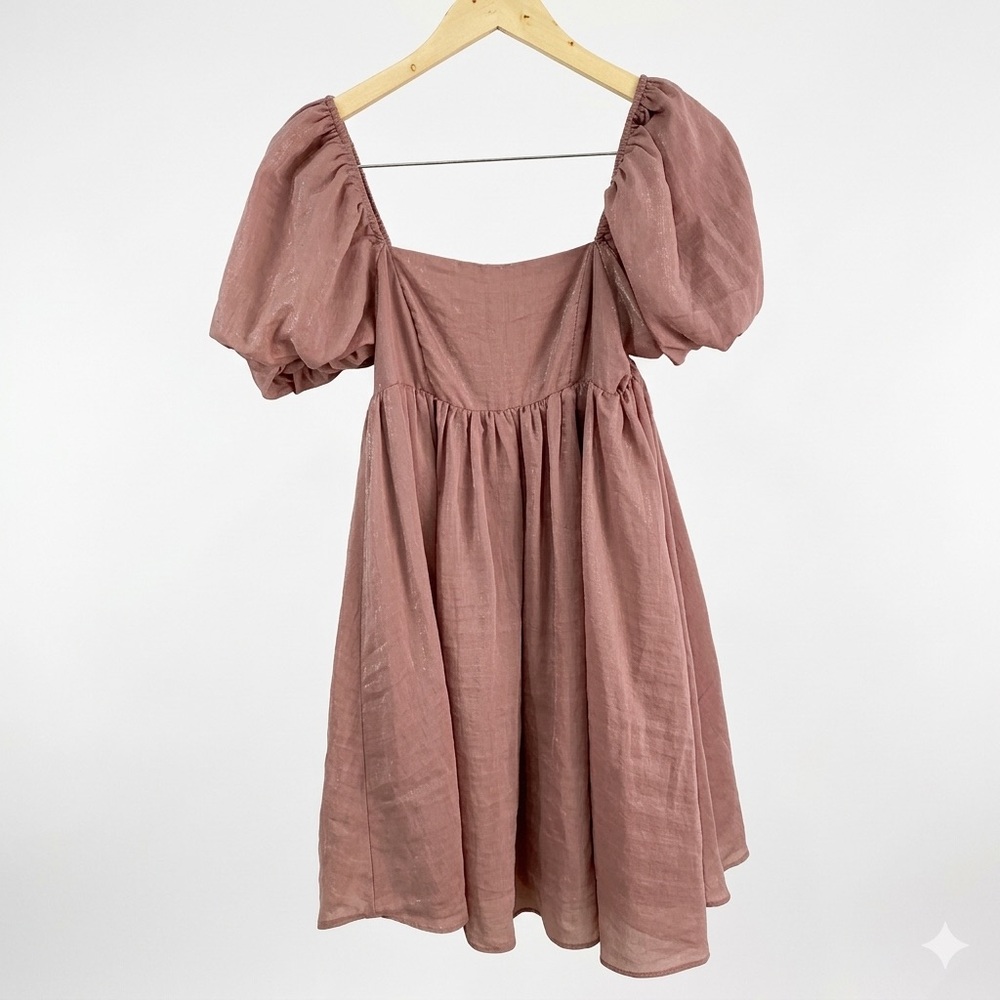 Storia Shimmer Puff Sleeve Smocked Mini Dress Mauve Pink Small